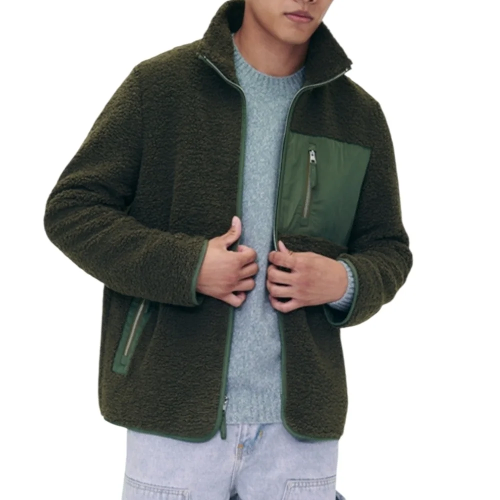 Naadam Mens Fleece Sherpa Zip Up Jacket Dark Olive Green XL NWOT